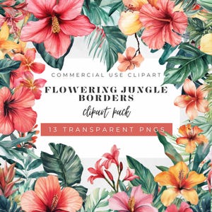 Tropical Flowering Jungle Borders, Transparent PNG Files, Digital Download. Great for Invites, Artistic Projects, Hibiscus, Flowers.