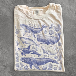 90-talsvalar-T-shirt, vintage-T-shirt med marint liv, djur-T-shirt, knölval, späckhuggare, narval, vitval, unisex-T-shirt i komfortfärger