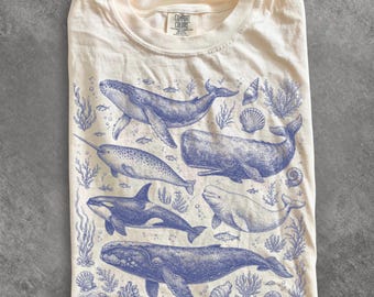 90s Whales T-Shirt, Vintage Nautical Marine Life Tee, Animal Tee,  Humpback Orca Narwhal Beluga Tee, Unisex Comfort Colors Shirt