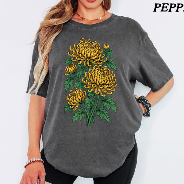 Chrysanthemum T-Shirt, Vintage Floral Art Graphic Tee, Botanical Lover Gift Comfort Colors Shirt
