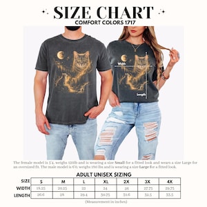 May include: Dark gray unisex t-shirts with a cat graphic, moon, and forest design. The size chart shows measurements in inches for adult unisex sizes, ranging from S to 4X. The text on the image reads "SIZE CHART COMFORT COLORS 1717".