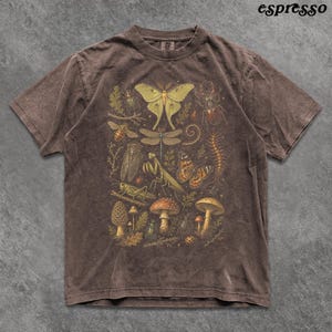 May include: A brown short-sleeve t-shirt with a crew neckline featuring a detailed graphic print of various insects, mushrooms, and foliage in earthy tones. The word espresso is printed in the top right corner in a black script font.