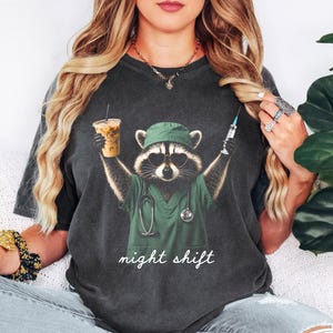 Night Shift Raccoon T-Shirt, Nurse, Doctor, Overnight Healthcare Worker Matching Shirt, Cute Nurse Gift for RN CNA Medical Staff