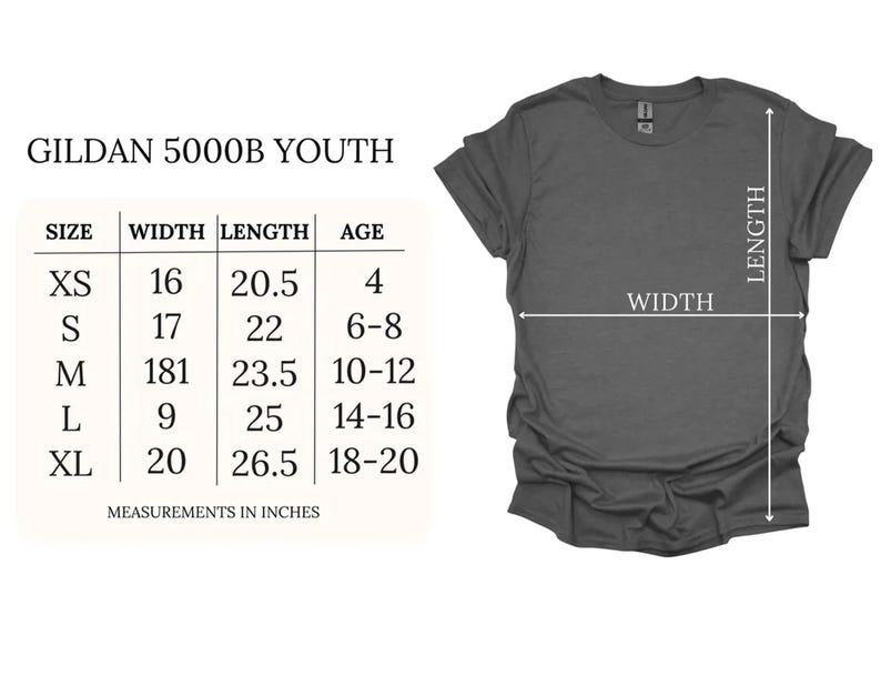 May include: A dark gray Gildan 5000B youth t-shirt. The image includes a size chart with measurements in inches: XS (16" width, 20.5" length), S (17" width, 22" length), M (181" width, 23.5" length), L (9" width, 25" length), XL (20" width, 26.5" length).