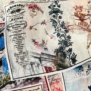 Op de afbeelding: Een vintage-geïnspireerde bedrukte stof met een bloemenpatroon met blauwe en roze bloemen. De stof bevat ook een zwart-witte illustratie van een gebouw met de tekst "J-R Romanet" en "Produits Vétérinaires Romanet".