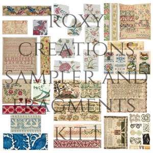 May include: A collection of vintage sampler and embroidery fragments, including alphabet charts, floral designs, and a scene with a deer. The text "ROXY CREATIONS SAMPLER AND FRAGMENTS KIT 1" is visible.