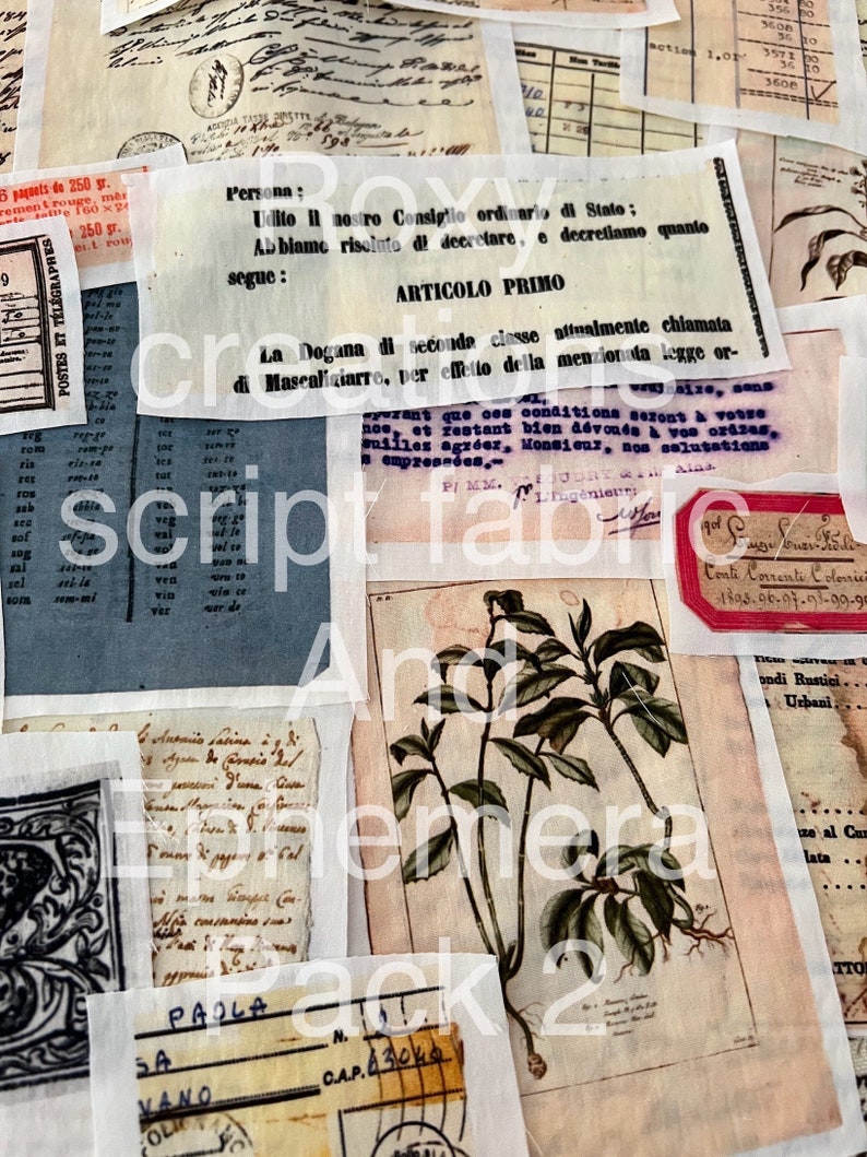 K&ouml;nnte beinhalten: Eine Sammlung von Vintage-Ephemera, darunter eine botanische Illustration einer Pflanze mit gr&uuml;nen Bl&auml;ttern, ein St&uuml;ck Papier mit handschriftlichem Text in italienischer Sprache und ein St&uuml;ck Papier mit einem Stempel und Text in franz&ouml;sischer Sprache. Die Ephemera befindet sich auf einem wei&szlig;en Hintergrund.