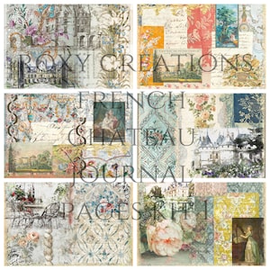 May include: A digital collage sheet with a French chateau theme. The sheet features images of a castle, flowers, and a vintage journal cover. The text "French Chateau Journal Pages Kit 1" is visible on the sheet.