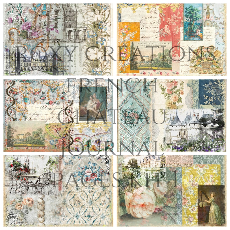 May include: A digital collage sheet with a French chateau theme. The sheet features images of a castle, flowers, and a vintage journal cover. The text "French Chateau Journal Pages Kit 1" is visible on the sheet.