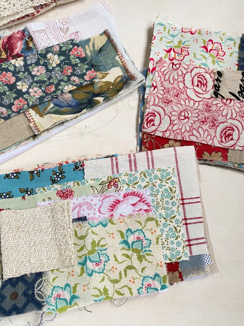Mixed fabric bundle for slow stitching projects with some vintage and antique fabrics zdjęcie 3