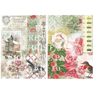 May include: A collage of vintage-style Christmas-themed ephemera. The design includes images of Santa Claus, a bird, floral patterns, and architectural sketches. The color palette features red, green, and cream tones, with text elements scattered throughout.