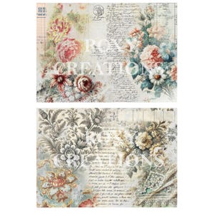 Op de afbeelding: Een digitale collage met twee bloemmotieven in vintage stijl. De bovenste afbeelding toont een boeket van roze, witte en rode rozen met groene bladeren op een achtergrond van vervaagde handgeschreven tekst. De onderste afbeelding toont een boeket van beige en bruine bloemen met ingewikkelde bloemmotieven op een achtergrond van vervaagde handgeschreven tekst.