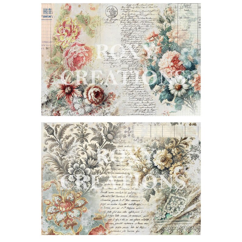Op de afbeelding: Een digitale collage met twee bloemmotieven in vintage stijl. De bovenste afbeelding toont een boeket van roze, witte en rode rozen met groene bladeren op een achtergrond van vervaagde handgeschreven tekst. De onderste afbeelding toont een boeket van beige en bruine bloemen met ingewikkelde bloemmotieven op een achtergrond van vervaagde handgeschreven tekst.