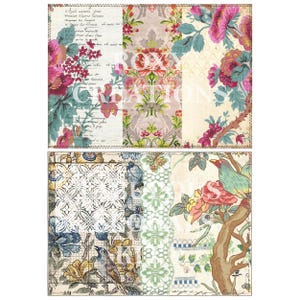 Pode incluir: Duas folhas de papel decorativas com um design floral vintage. A folha superior apresenta flores rosa e vermelhas com escrita, enquanto a folha inferior tem pássaros e padrões florais. O texto "BOX CREATIONS" é visível.