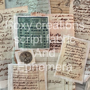 May include: A collection of vintage paper scraps with handwritten text and numbers. The papers are in various shades of brown, beige, and blue. Some of the text is in French. The papers are perfect for scrapbooking, mixed media art, or other crafting projects.