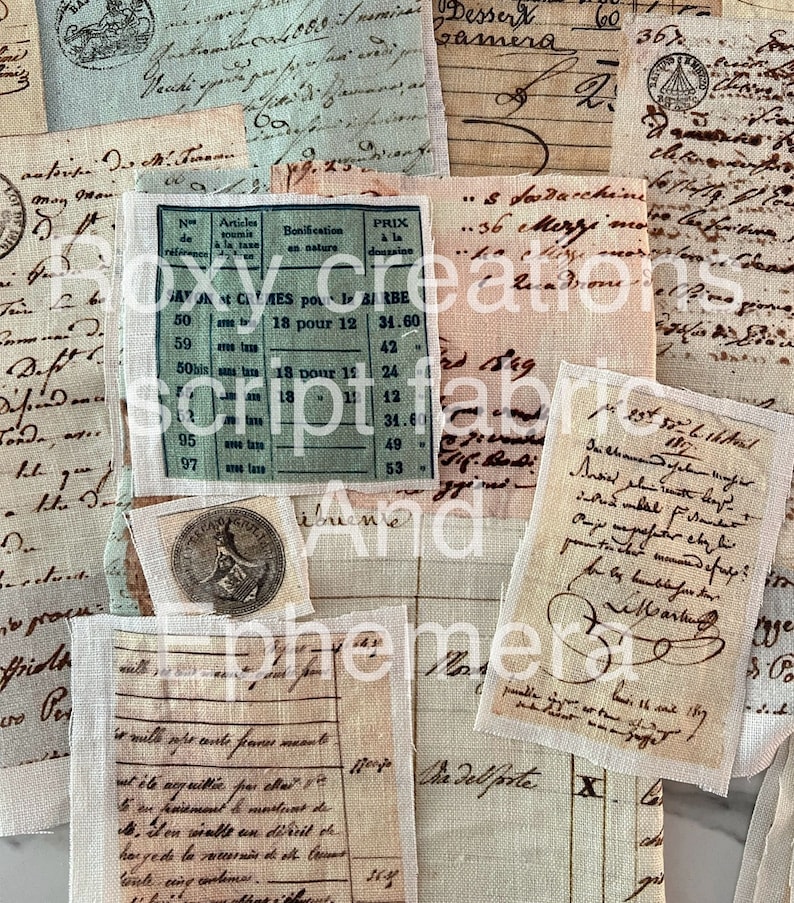 May include: A collection of vintage paper scraps with handwritten text and numbers. The papers are in various shades of brown, beige, and blue. Some of the text is in French. The papers are perfect for scrapbooking, mixed media art, or other crafting projects.