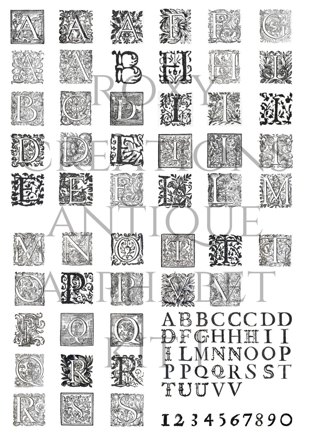 印刷可能なアンティークアルファベット文字 1500 年代から 1700