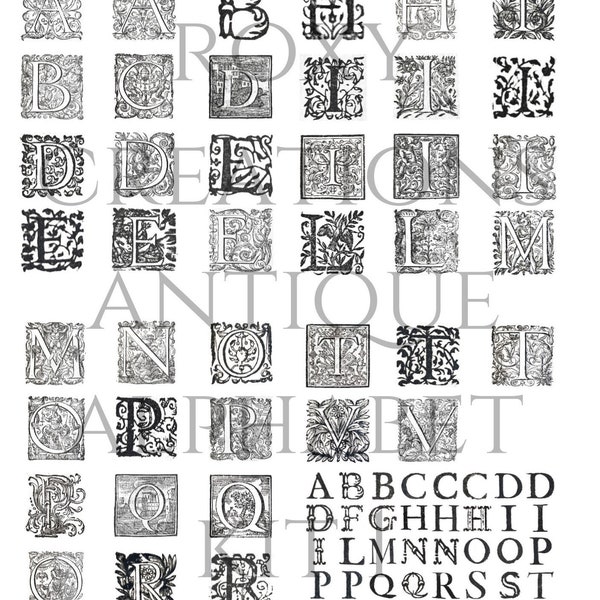 Printable Antique alphabet letters 1500s to 1700s kit 1 colour black