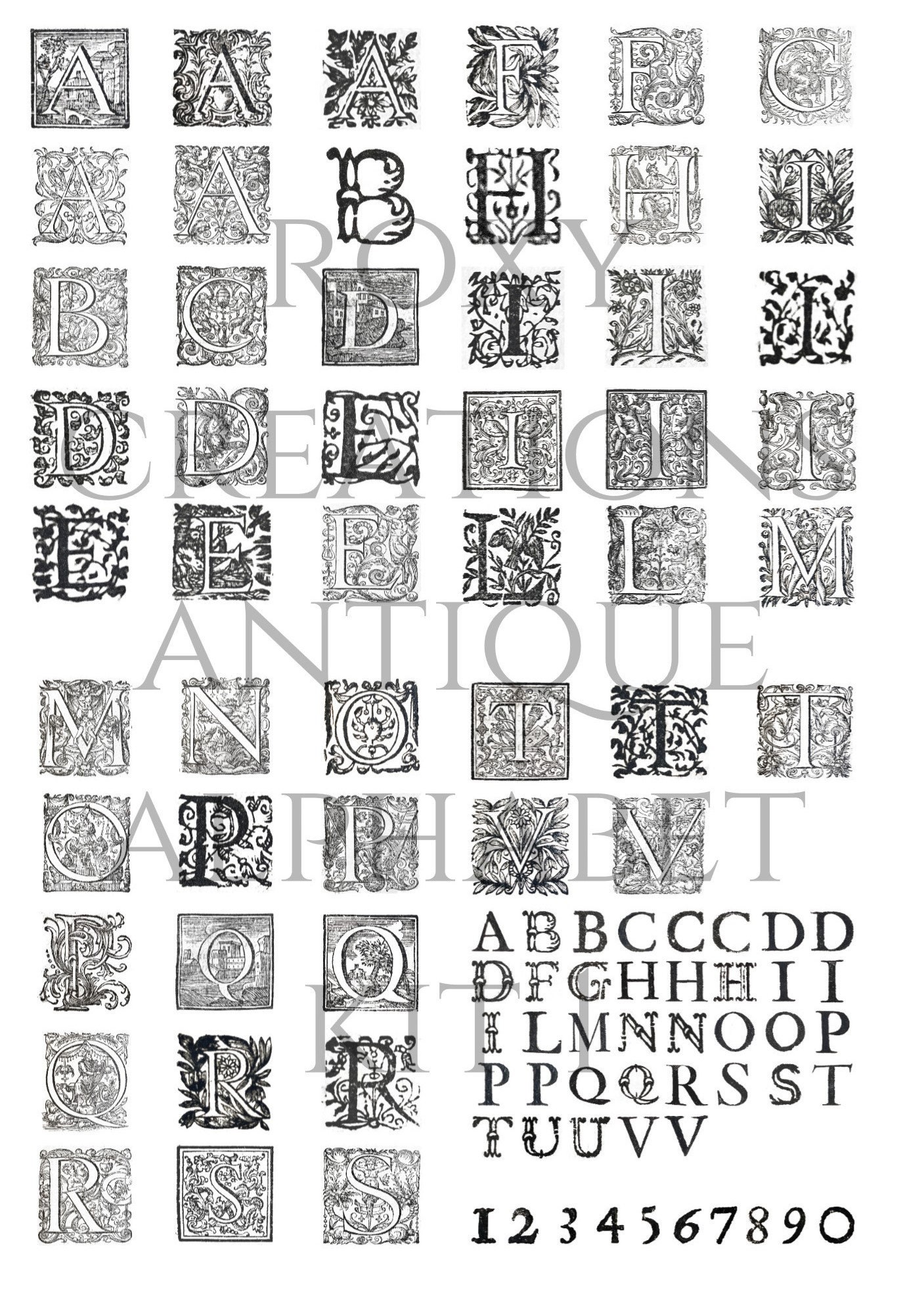 印刷可能なアンティークアルファベット文字 1500 年代から 1700
