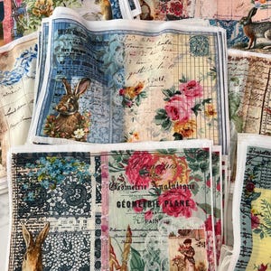 Op de afbeelding: Een stapel vierkante stoffen met verschillende vintage ontwerpen, waaronder bloemenpatronen, een konijnenillustratie en een tekstoverlay met de tekst "Géométrie Analytique Géométrie Plane Par L. Pain".