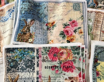 May include: A stack of fabric squares with various vintage designs, including floral patterns, a rabbit illustration, and a text overlay that reads "Géométrie Analytique Géométrie Plane Par L. Pain".