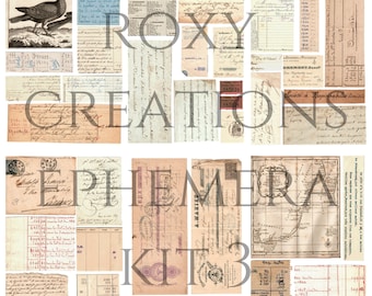 Puede incluir: Una colección de efímeras vintage, que incluye cartas escritas a mano, recibos y mapas, con el texto "ROXY CREATIONS EPHEMERA KIT 3" en una fuente decorativa.