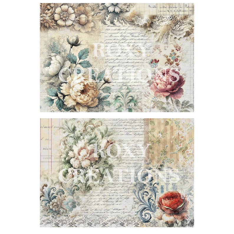 Op de afbeelding: Twee digitale papierontwerpen in vintage stijl met bloemenpatronen en handgeschreven tekst. Het bovenste ontwerp heeft een boeket met roze, witte en cr&egrave;mekleurige rozen met groene bladeren. Het onderste ontwerp heeft een boeket met witte, roze en rode rozen met blauwe en groene bladeren. Beide ontwerpen hebben een verweerde, antieke uitstraling.