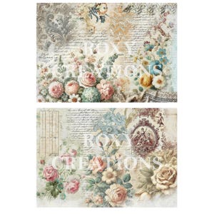 Op de afbeelding: Een vintage bloemenontwerp met een vervaagde achtergrond en handgeschreven tekst. Het ontwerp bevat roze, witte en blauwe bloemen met groene bladeren. De achtergrond is lichtbeige met een vervaagde, verweerde uitstraling.