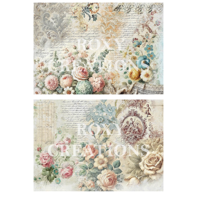 Op de afbeelding: Een vintage bloemenontwerp met een vervaagde achtergrond en handgeschreven tekst. Het ontwerp bevat roze, witte en blauwe bloemen met groene bladeren. De achtergrond is lichtbeige met een vervaagde, verweerde uitstraling.