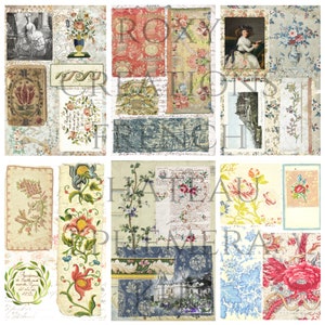 May include: A collage of vintage ephemera featuring floral patterns, botanical illustrations, and handwritten script. The color palette includes reds, blues, greens, and creams. The word "ROXY CREATIONS" and "HAUT AU TEMERA" are visible.