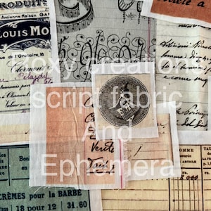 May include: A collection of vintage paper scraps with handwritten text and decorative elements. The scraps feature a variety of colors, including brown, white, and orange. The text includes the words "Soci&eacute;t&eacute; &agrave;", "Louis Mo", "Cr&egrave;mes pour la Barbe", and "Verite".