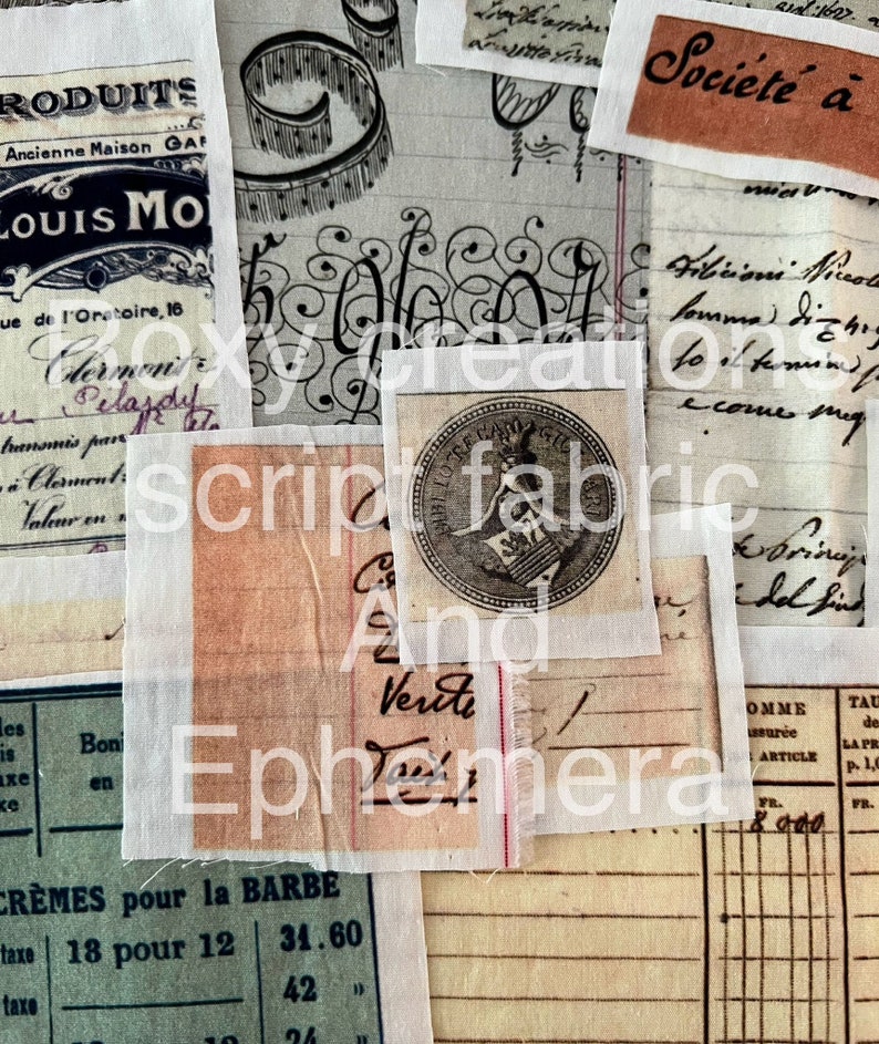 May include: A collection of vintage paper scraps with handwritten text and decorative elements. The scraps feature a variety of colors, including brown, white, and orange. The text includes the words "Soci&eacute;t&eacute; &agrave;", "Louis Mo", "Cr&egrave;mes pour la Barbe", and "Verite".