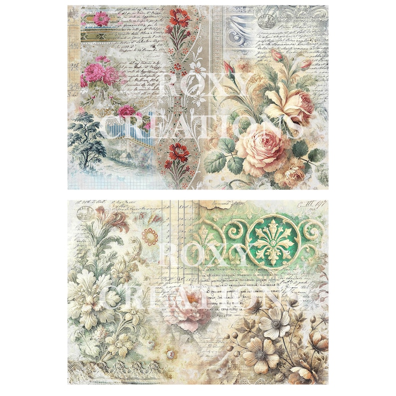 Op de afbeelding: Een digitaal papierpakket met twee vintage bloemmotieven. Het bovenste ontwerp heeft een boeket van roze en witte rozen met groene bladeren op een achtergrond van handschrift en een rasterpatroon. Het onderste ontwerp heeft een boeket van witte bloemen met groene bladeren op een achtergrond van handschrift en een groen bloemmotief.