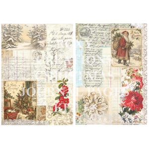 May include: Two sheets of decorative paper featuring vintage Christmas imagery, cursive handwriting, grid patterns, and postal stamps. Elements include a snowy forest, a Santa Claus figure, a decorated tree, red flowers, and lace-like borders.