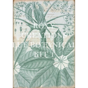 May include: A botanical print featuring large, detailed leaves and delicate floral elements in shades of teal and green. The design includes handwritten script and the text "ROXY CREATIONS BLUE BOTANICAL KIT 1". The overall aesthetic is vintage and artistic.