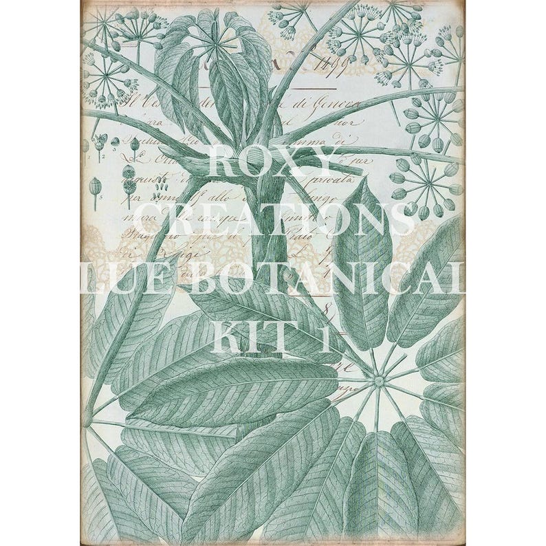 May include: A botanical print featuring large, detailed leaves and delicate floral elements in shades of teal and green. The design includes handwritten script and the text "ROXY CREATIONS BLUE BOTANICAL KIT 1". The overall aesthetic is vintage and artistic.