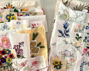 Piezas de bordado floral vintage: Lote de arte textil de puntada lenta