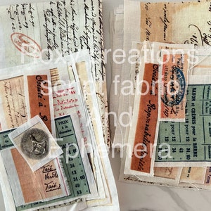 May include: A collection of vintage paper ephemera with handwritten text and labels. The paper is cream, tan, and brown with black ink. Some of the labels have red and green text. The labels include text such as "Societé à", "PRIX à la douzaine", and "Savon et Crèmes pour la Barbe".