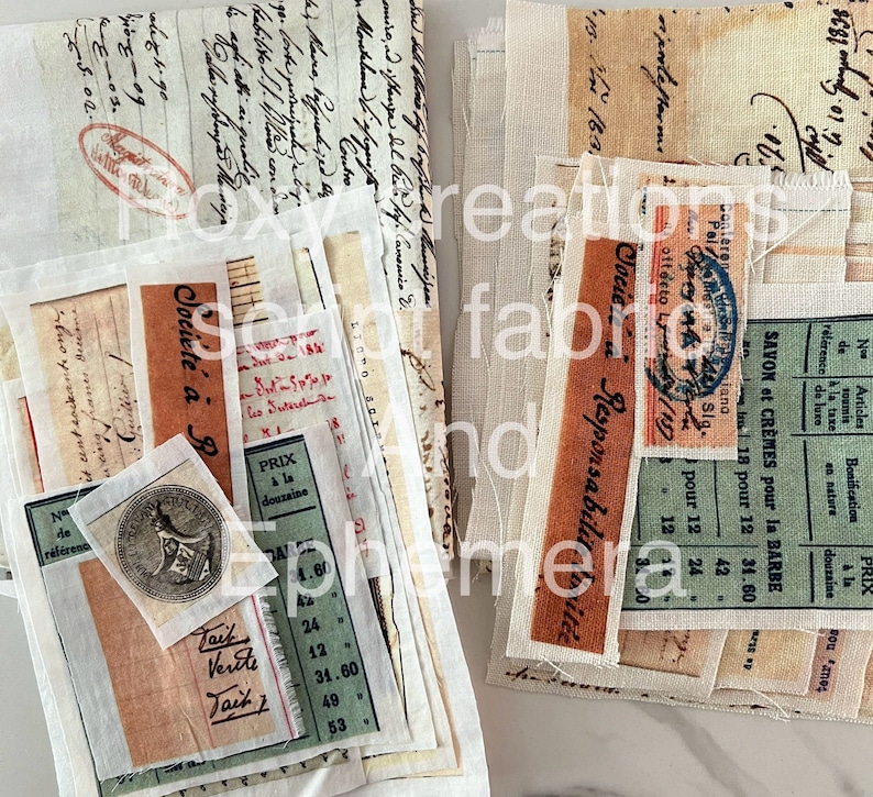 May include: A collection of vintage paper ephemera with handwritten text and labels. The paper is cream, tan, and brown with black ink. Some of the labels have red and green text. The labels include text such as "Societ&eacute; &agrave;", "PRIX &agrave; la douzaine", and "Savon et Cr&egrave;mes pour la Barbe".