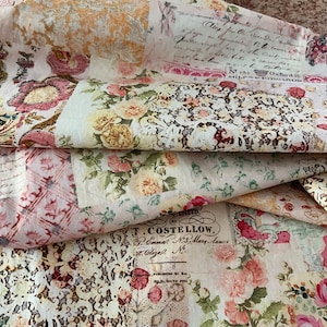 Tessuto in stile antico Roxy Creations, rosa tenue, verde, rosso lampone, design completo in lino o cotone