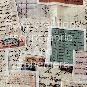 May include: A collection of vintage ephemera, including handwritten letters, a price list for beard creams, and a stamp with the text "Post Office" in French. The ephemera is on a beige linen background.