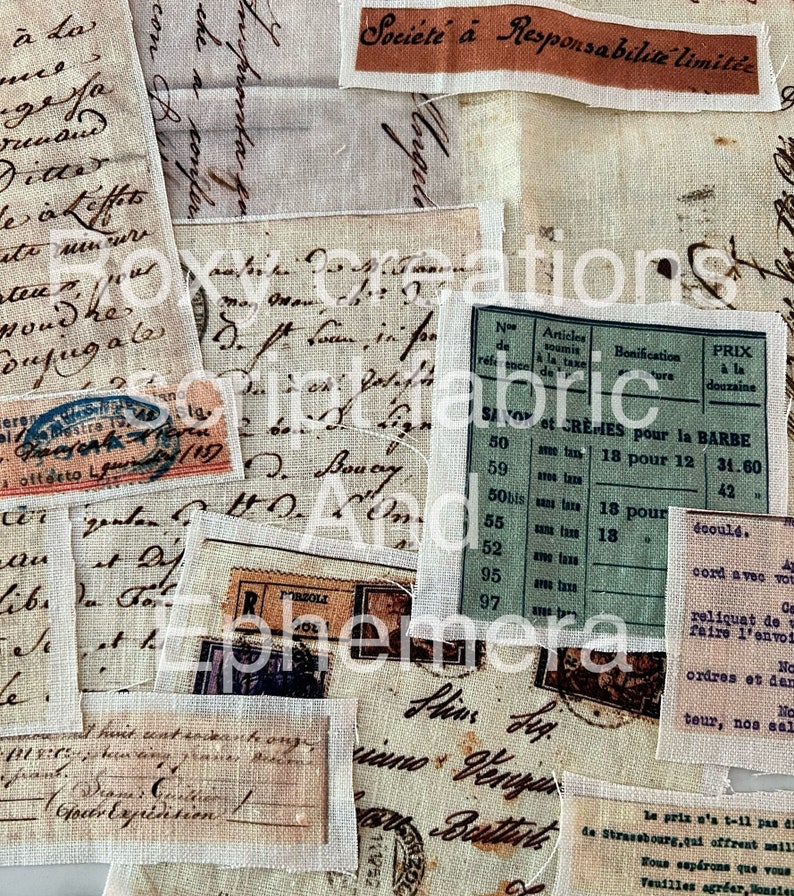 May include: A collection of vintage ephemera, including handwritten letters, a price list for beard creams, and a stamp with the text "Post Office" in French. The ephemera is on a beige linen background.