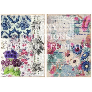 以下が含まれることがあります： 2つの装飾的な花の芸術プリント。左側のプリントは、青と白のダマスク模様、紫とピンクの花、灰色のバラが特徴です。右側のプリントは、花の模様、デイジー、イタリア語のテキストを紹介しています。