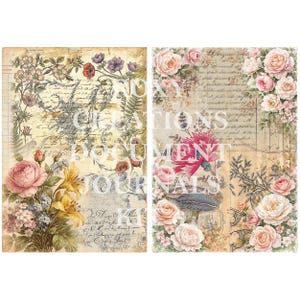 Puede incluir: Dos páginas de diario de estilo vintage con ilustraciones florales y botánicas. La página izquierda presenta una variedad de flores, incluyendo rosas rosas y lirios amarillos, con escritura manuscrita. La página derecha muestra rosas rosas y una gran flor roja.