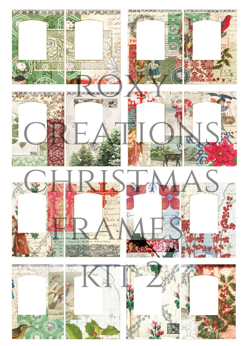 May include: A digital collage kit of 12 vintage-style Christmas frames. The frames are decorated with various holiday elements, including holly, poinsettias, and birds. The frames are perfect for adding a touch of vintage charm to your holiday photos.