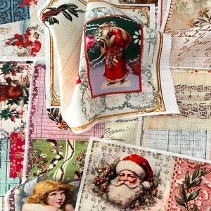 May include: A collage of vintage Christmas images featuring Santa Claus, angels, and holiday decorations. The images are printed on fabric and arranged in a patchwork style.