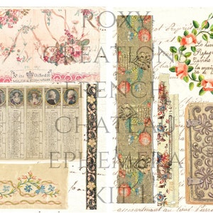 May include: A collage of vintage ephemera with floral and botanical designs. Includes a floral patterned fabric, a ledger with portraits, and a small book with an ornate cover. The text "ROXY CREATION FRENCH CHATEAU EPHEMERA KIT" is visible.