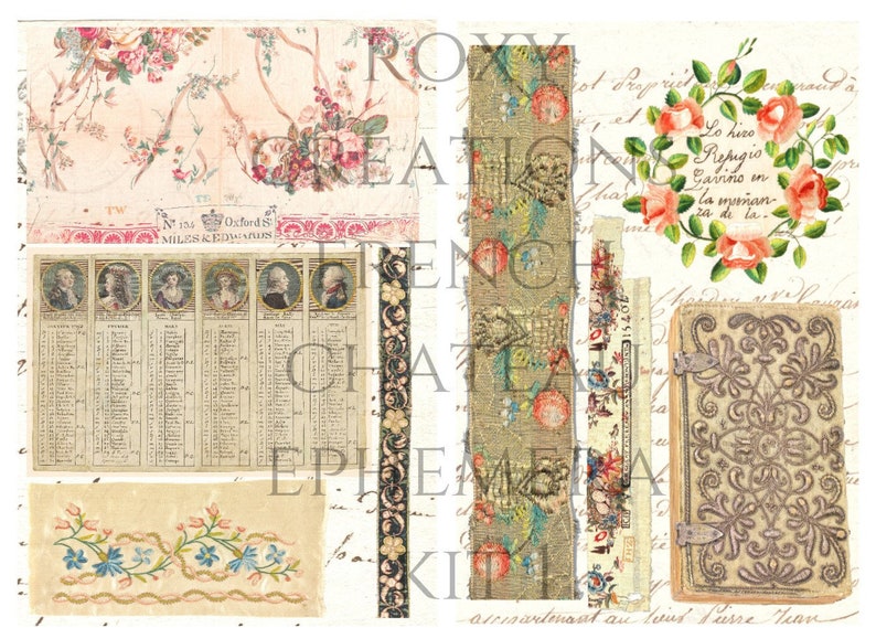 May include: A collage of vintage ephemera with floral and botanical designs. Includes a floral patterned fabric, a ledger with portraits, and a small book with an ornate cover. The text "ROXY CREATION FRENCH CHATEAU EPHEMERA KIT" is visible.