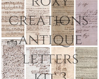 May include: A digital collage of antique letters and music sheets. The letters are written in cursive script and the music sheets are in black and white. The collage is titled "Roxy Creations Antique Letters Kit 3".