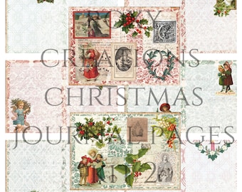 May include: A set of 12 printable digital Christmas journal pages featuring vintage illustrations of angels, carolers, and holly. The pages are perfect for scrapbooking, journaling, or card making.